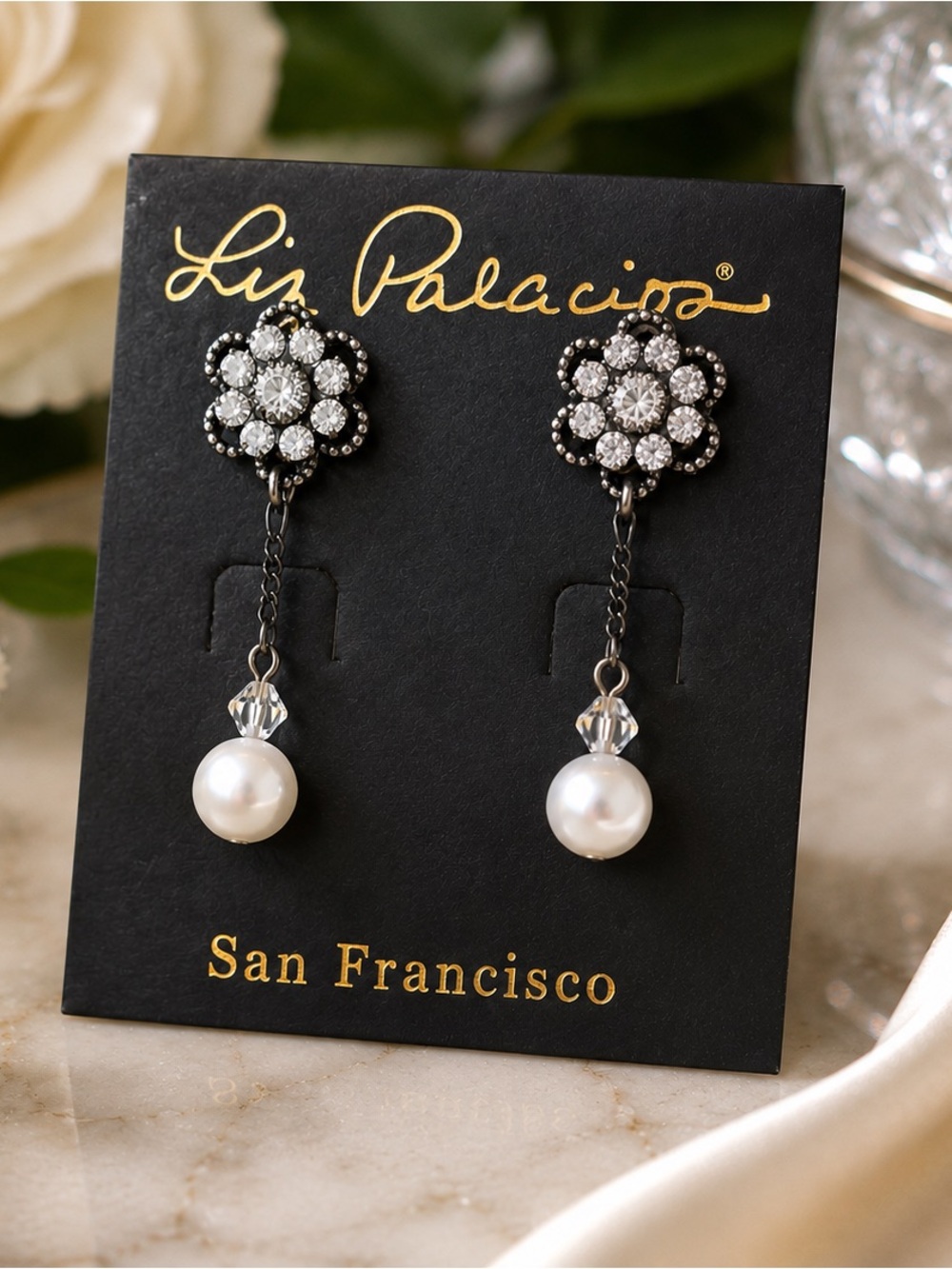 Liz Palacios NOS Swarovski Crystal & Genuine Pearl Drop Earrings: Vtg Designer